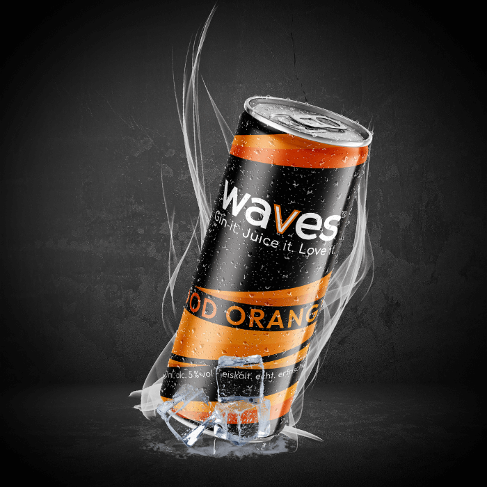 Waves Blood Orange drink can, fruity and refreshing, ideal for parties and unique moments.