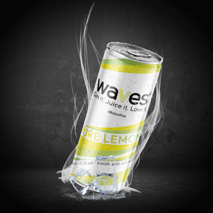 Waves Pure Lemon drink can, alcohol-free, refreshing taste, ideal for parties and hot days.